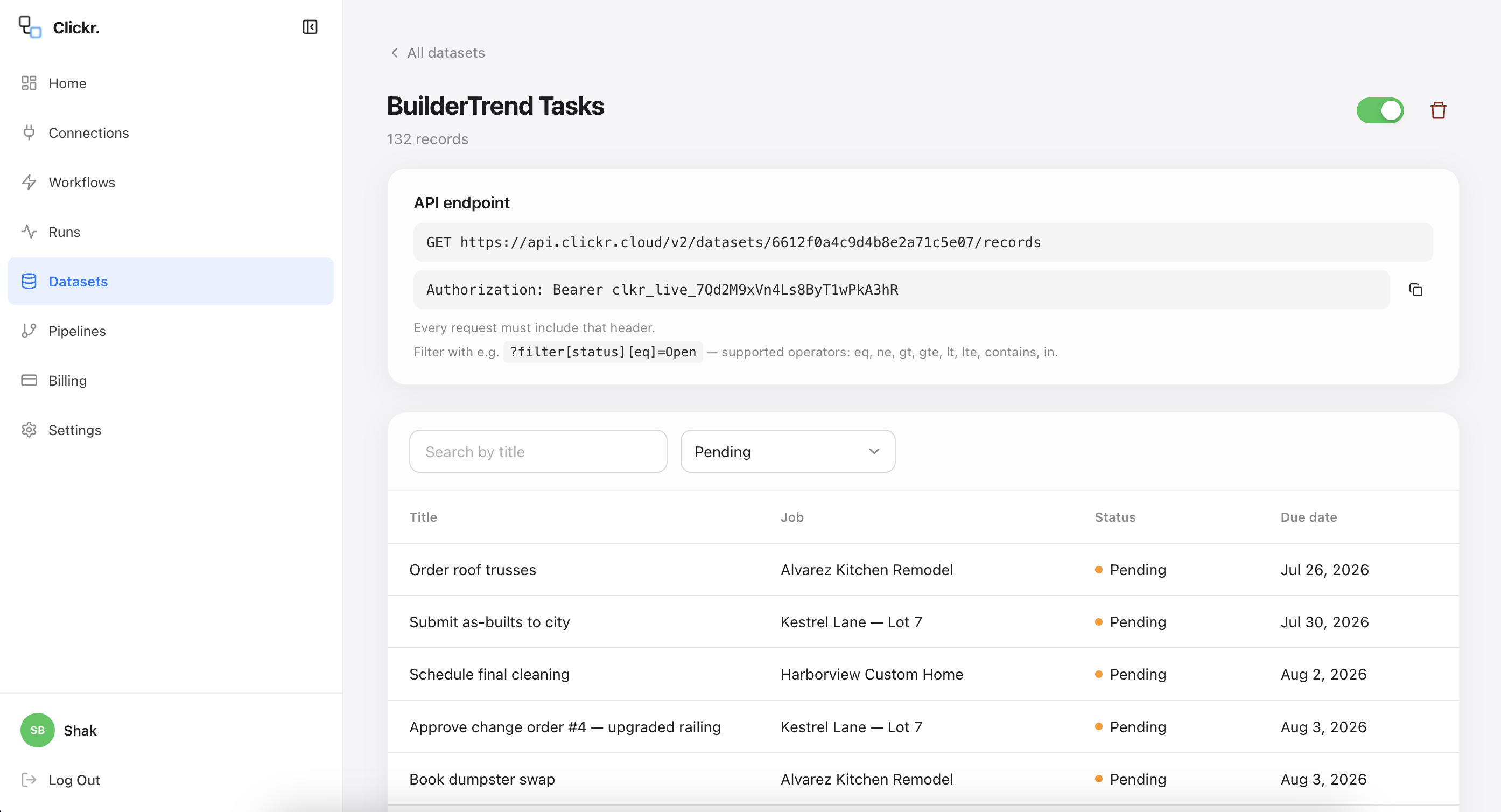 The Tasks dataset in Clickr, filtered to Pending, showing task titles, jobs, statuses and due dates alongside the dataset's REST endpoint.