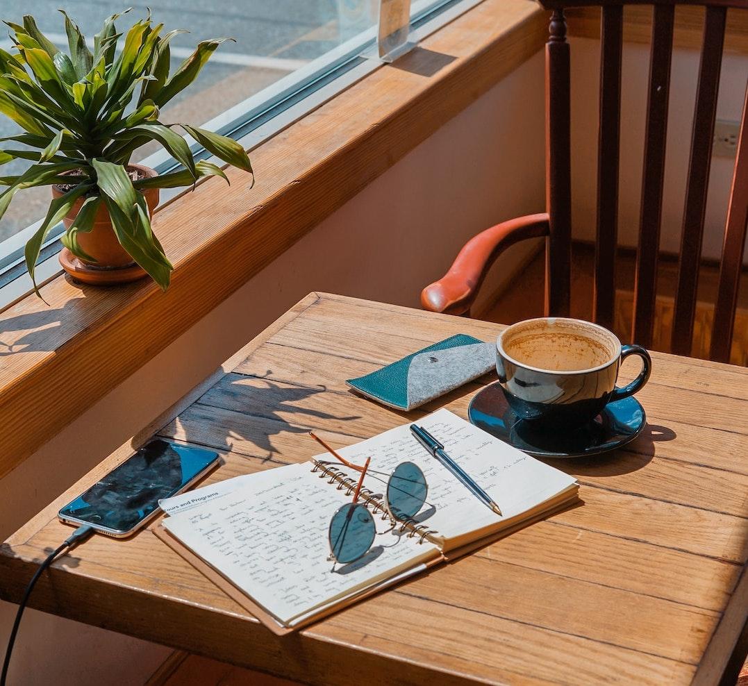 Productive work setup on cafe table