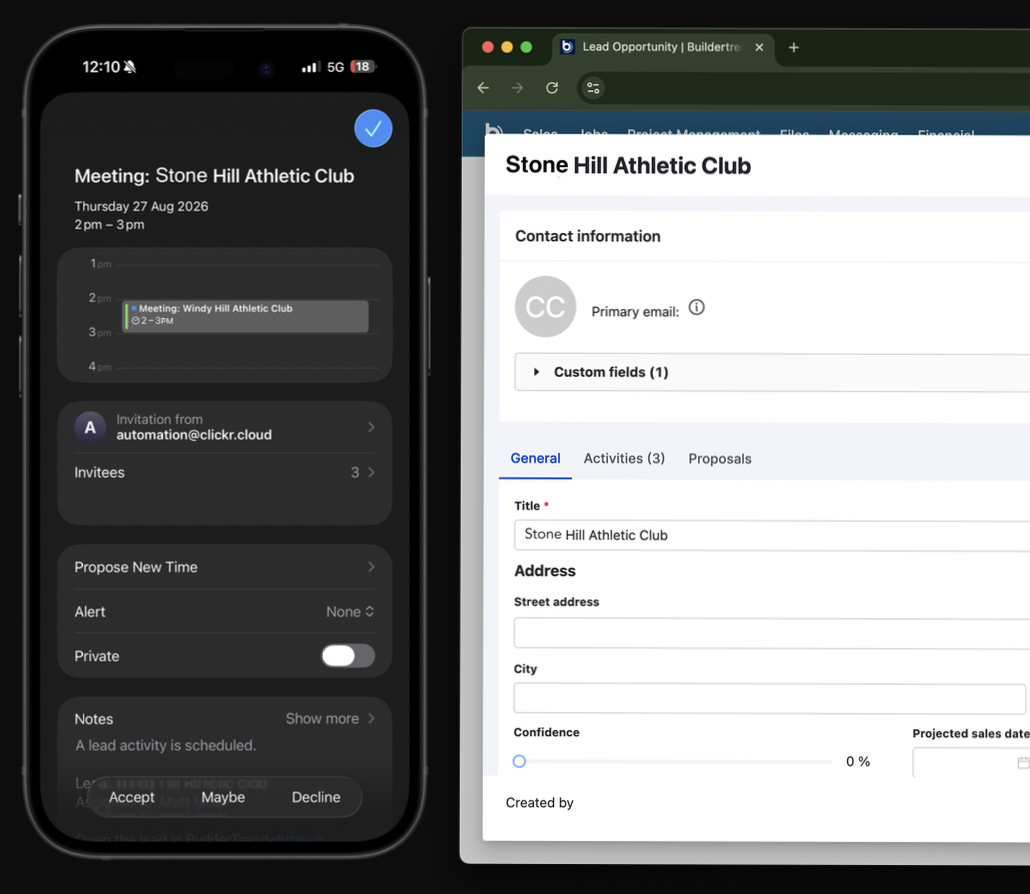 An iPhone showing a delivered calendar invite for a meeting on Stone Hill Athletic Club, Thursday 27 August 2026 from 2 to 3pm, sent from automation@clickr.cloud with Accept, Maybe and Decline buttons. Behind it, the Buildertrend lead opportunity page for the same job.