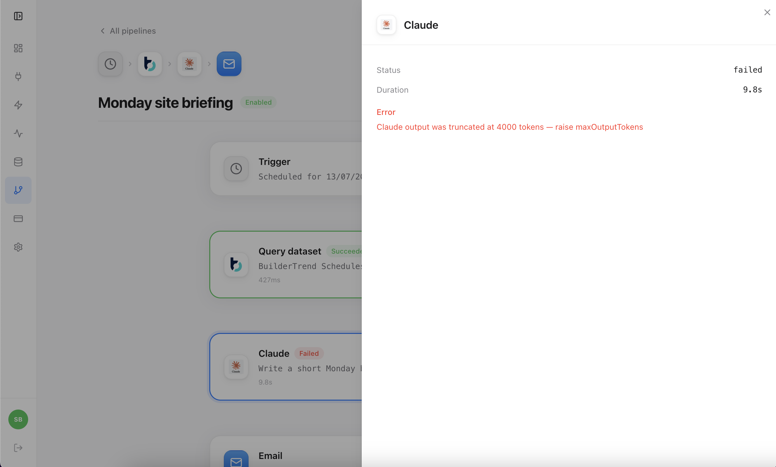 A failed run in Clickr: the dataset query succeeded, the next step failed after 9.8 seconds, and the panel shows the reason.